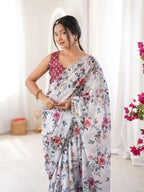 White Pure Chinon Digital Printed Swarovski Work Saree - View 4