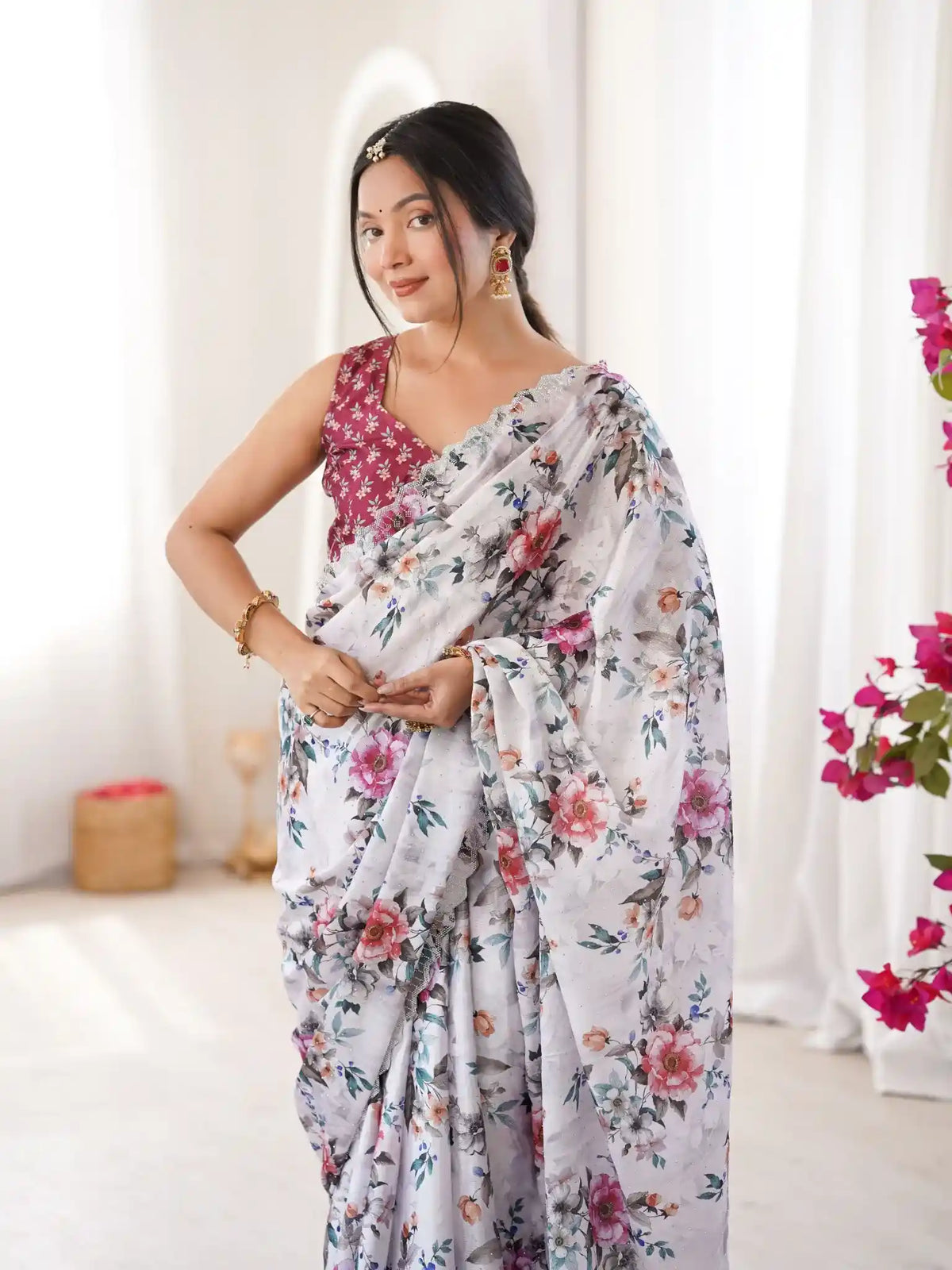 White Pure Chinon Digital Printed Swarovski Work Saree - View 4