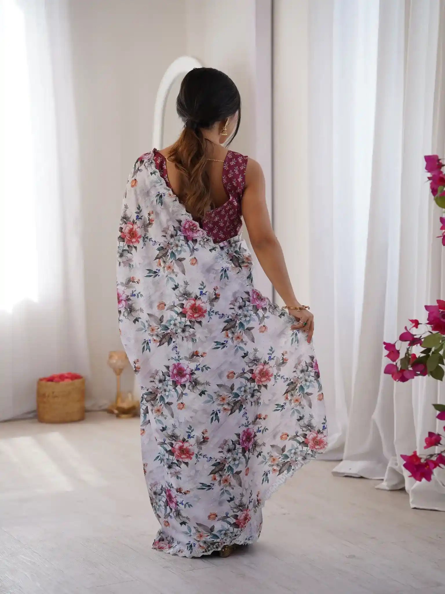 White Pure Chinon Digital Printed Swarovski Work Saree - View 5