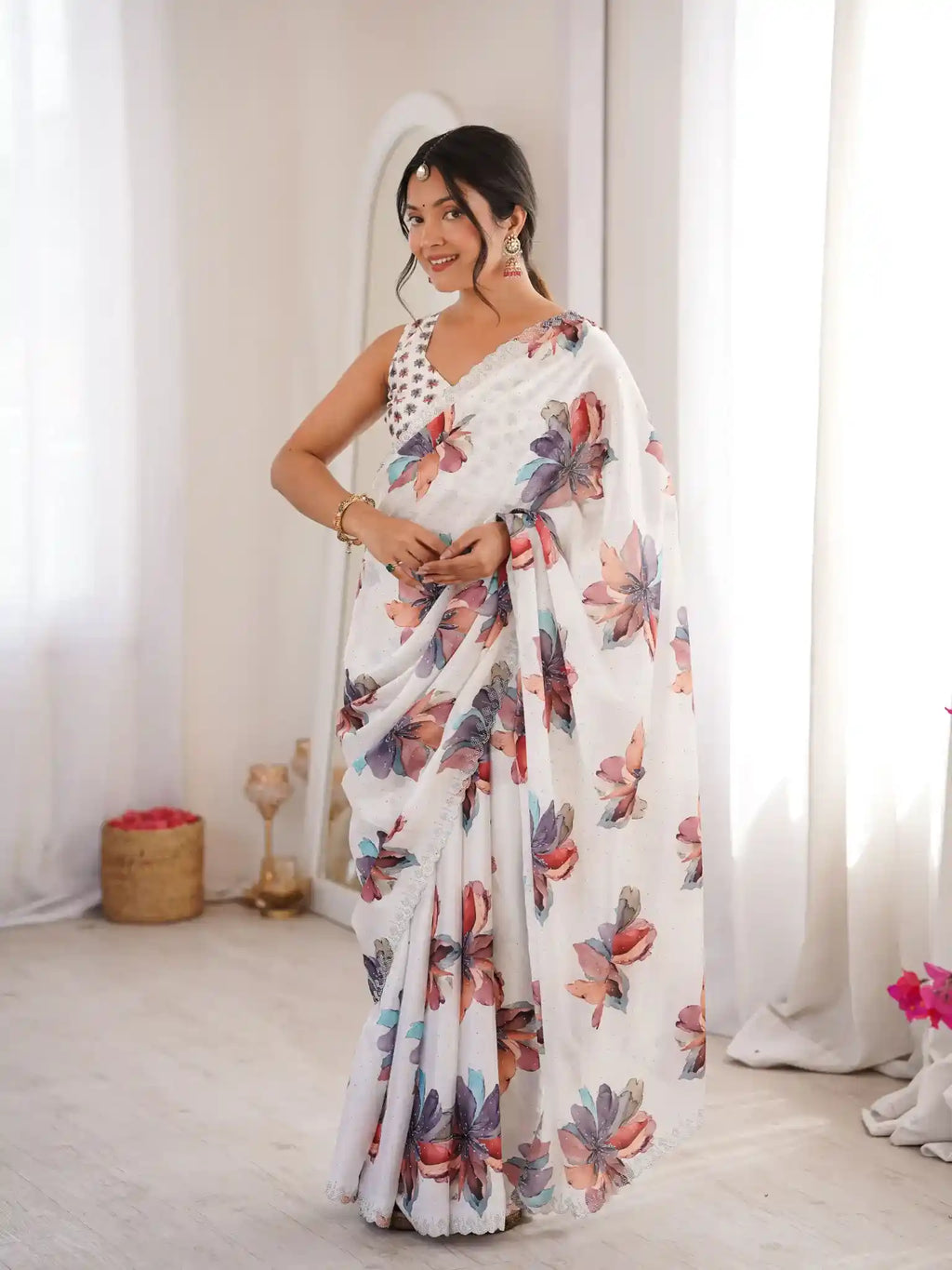 White Pure Chinon Digital Printed Swarovski Work Saree - View 1