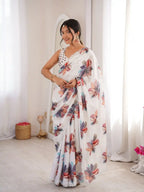 White Pure Chinon Digital Printed Swarovski Work Saree - View 1