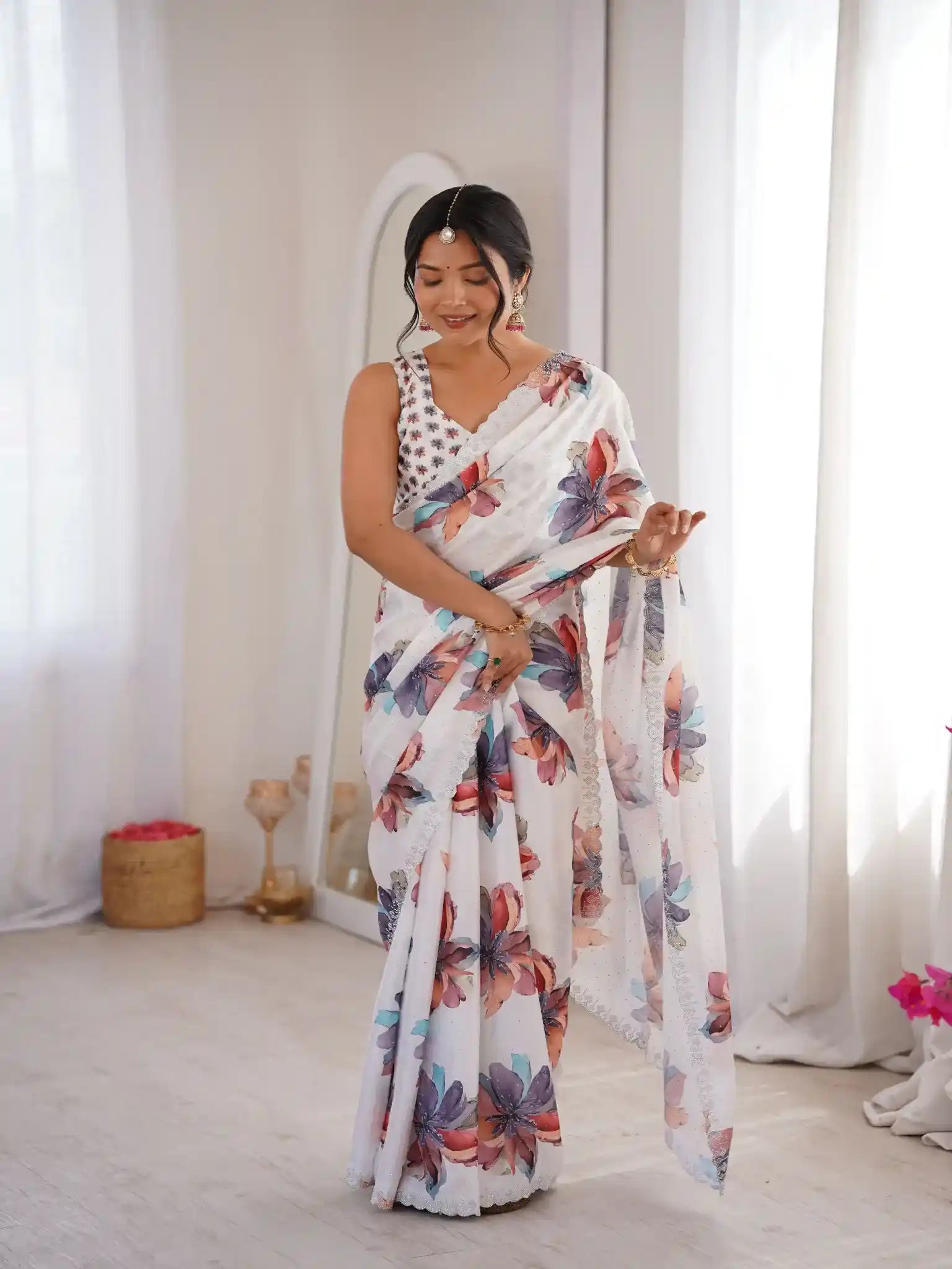 White Pure Chinon Digital Printed Swarovski Work Saree - View 3