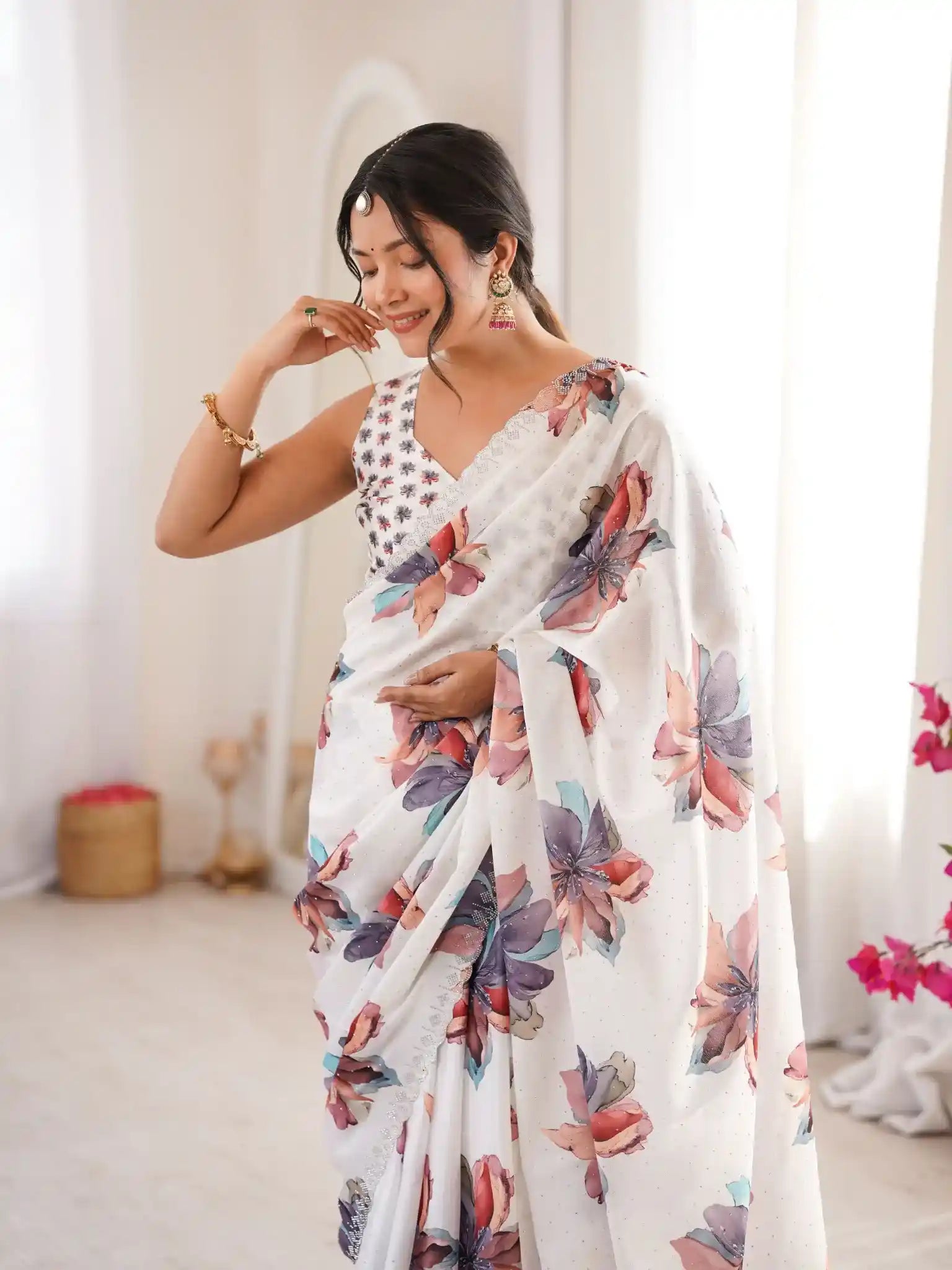 White Pure Chinon Digital Printed Swarovski Work Saree - View 4