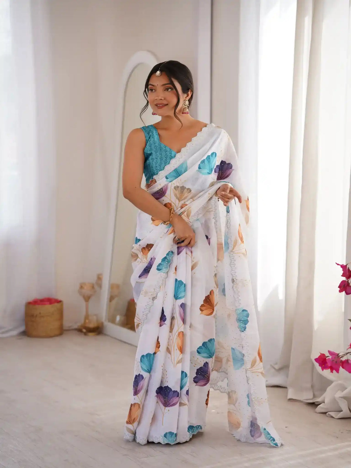 White Pure Chinon Digital Printed Swarovski Work Saree - View 1