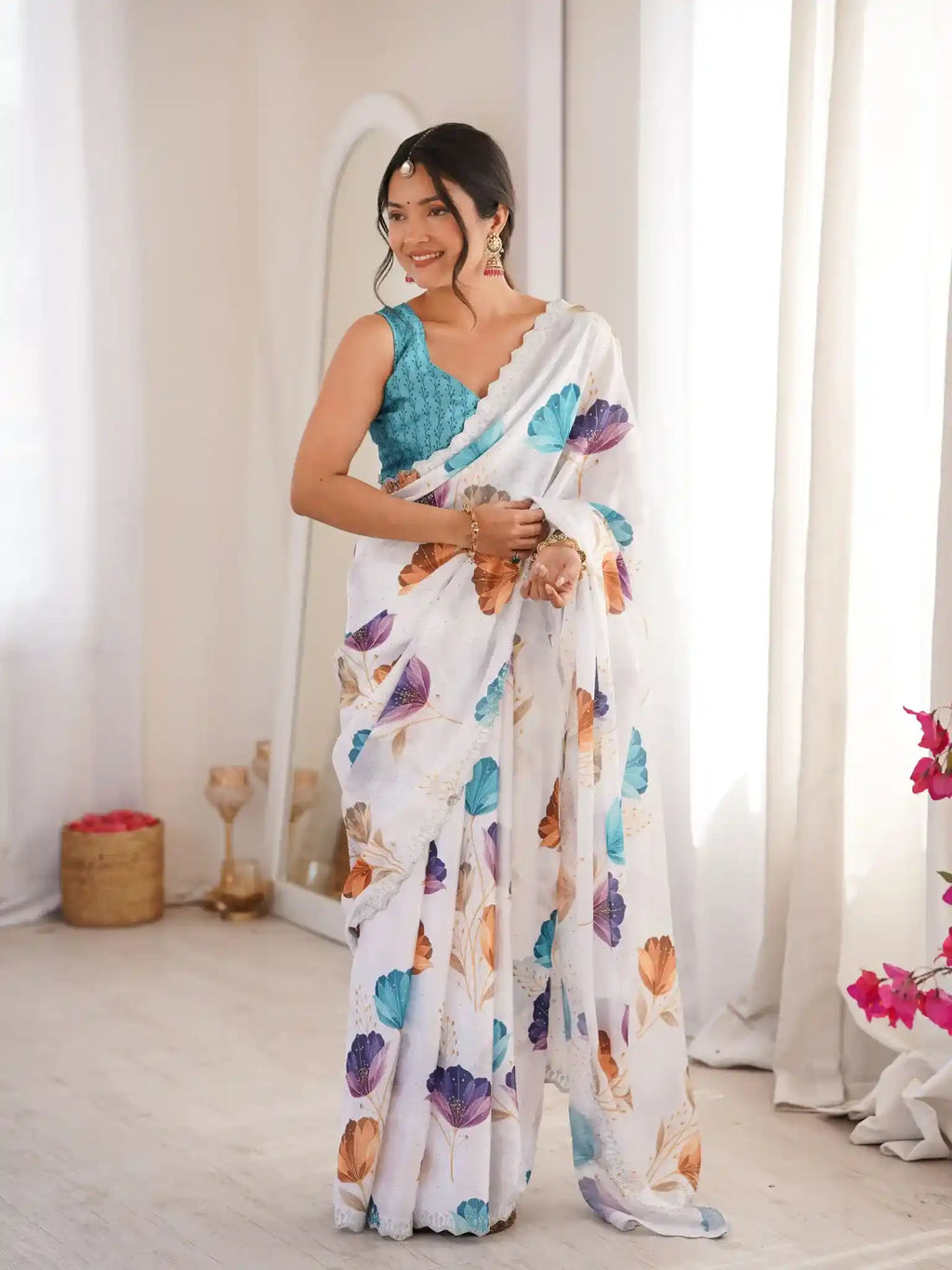 White Pure Chinon Digital Printed Swarovski Work Saree - View 2
