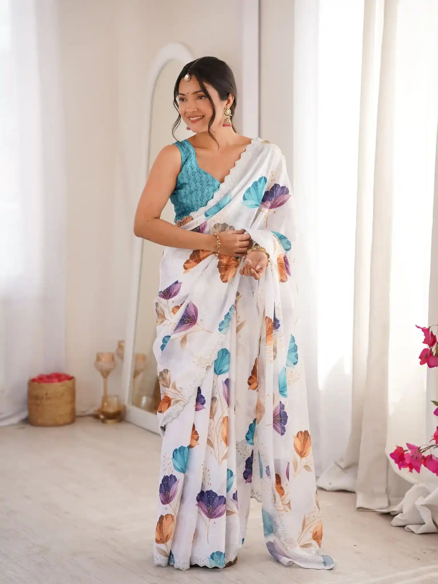 White Pure Chinon Digital Printed Swarovski Work Saree - View 2