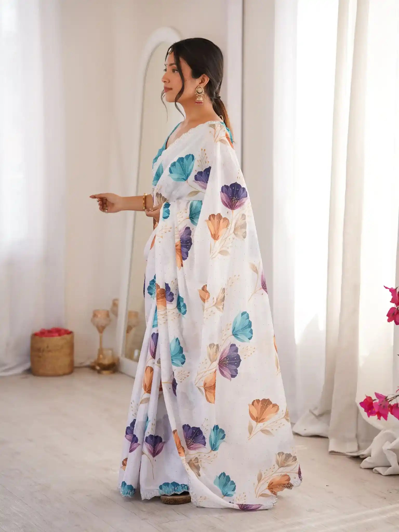 White Pure Chinon Digital Printed Swarovski Work Saree - View 3