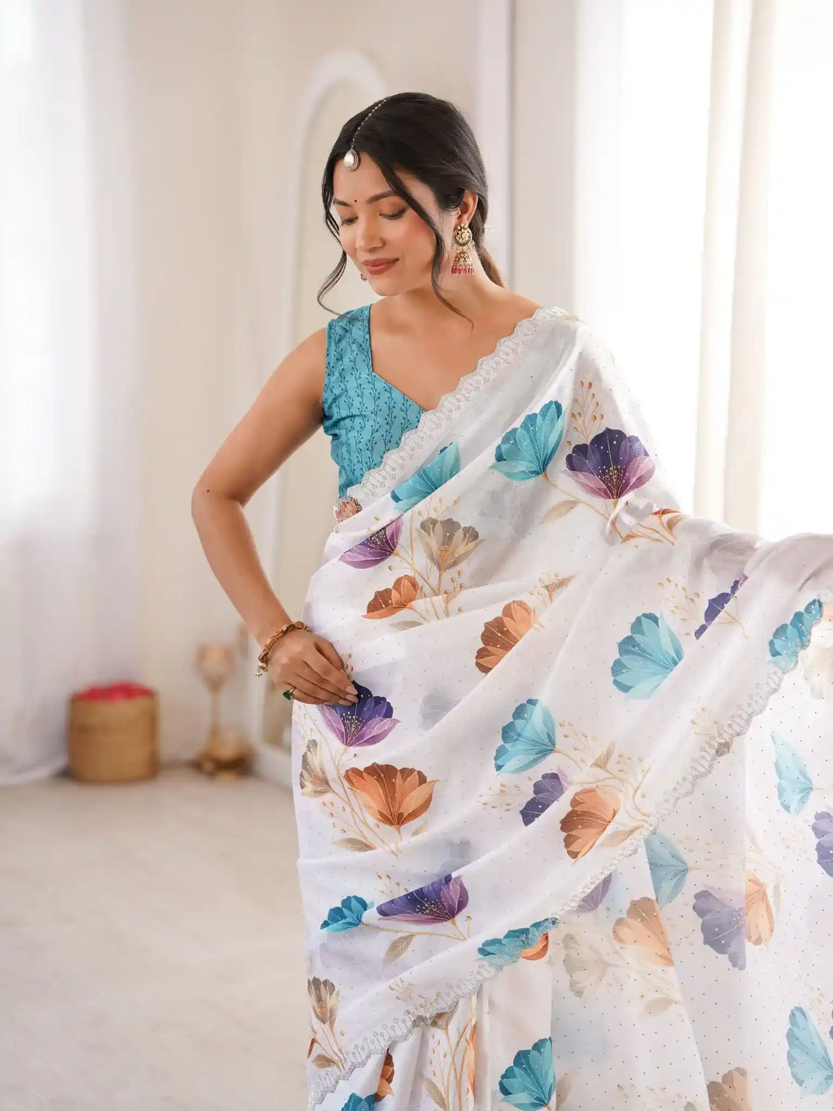 White Pure Chinon Digital Printed Swarovski Work Saree - View 4