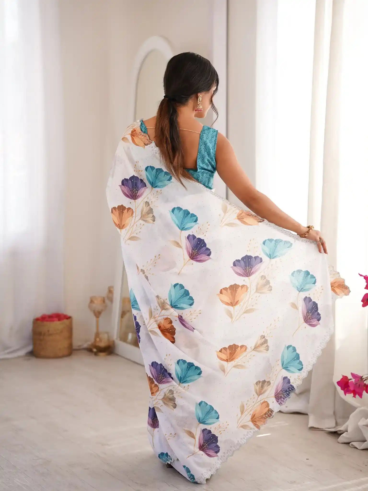 White Pure Chinon Digital Printed Swarovski Work Saree - View 5