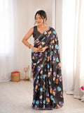 Black Pure Chinon Digital Printed Swarovski Work Saree