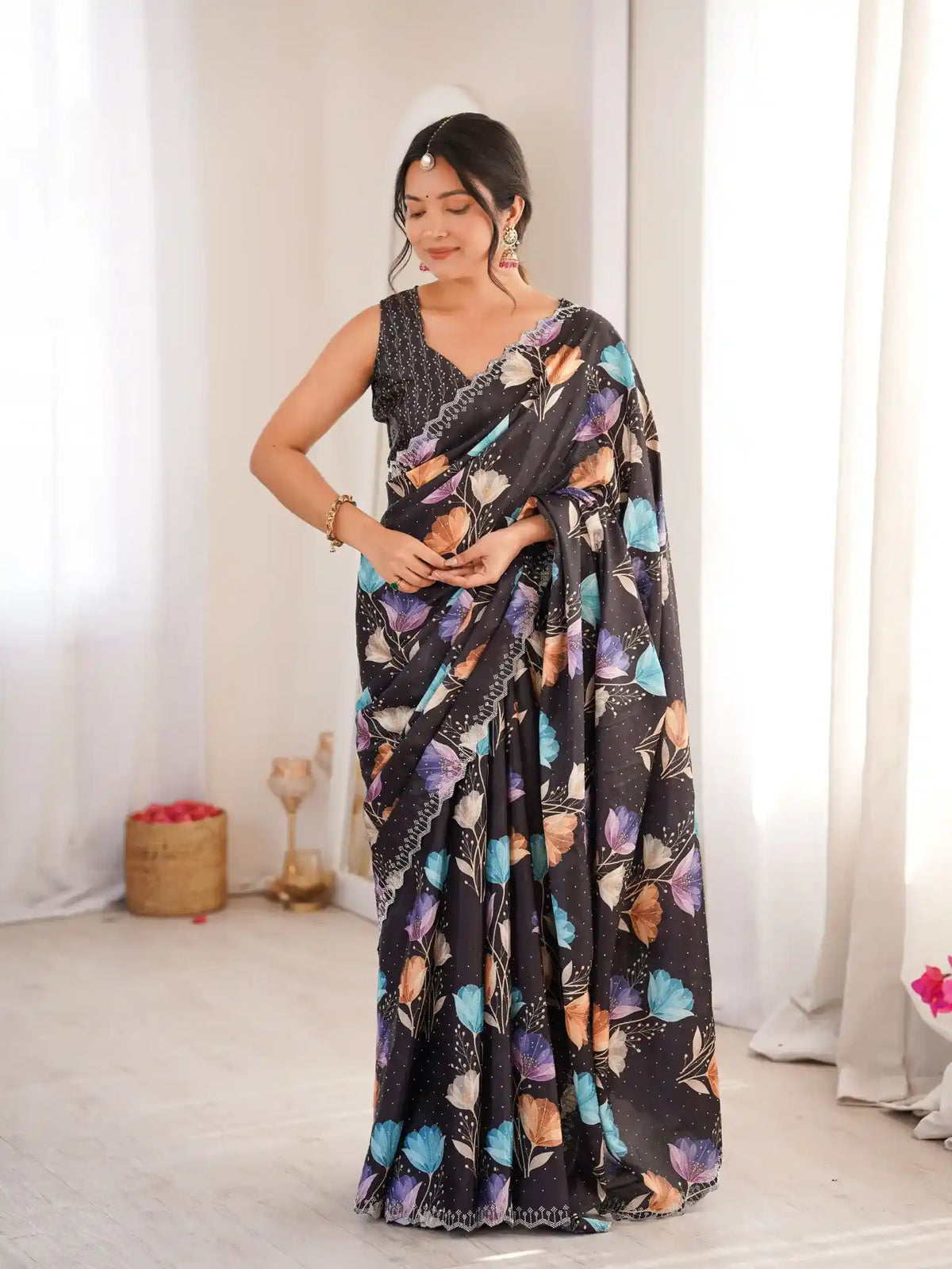 Black Pure Chinon Digital Printed Swarovski Work Saree - View 1