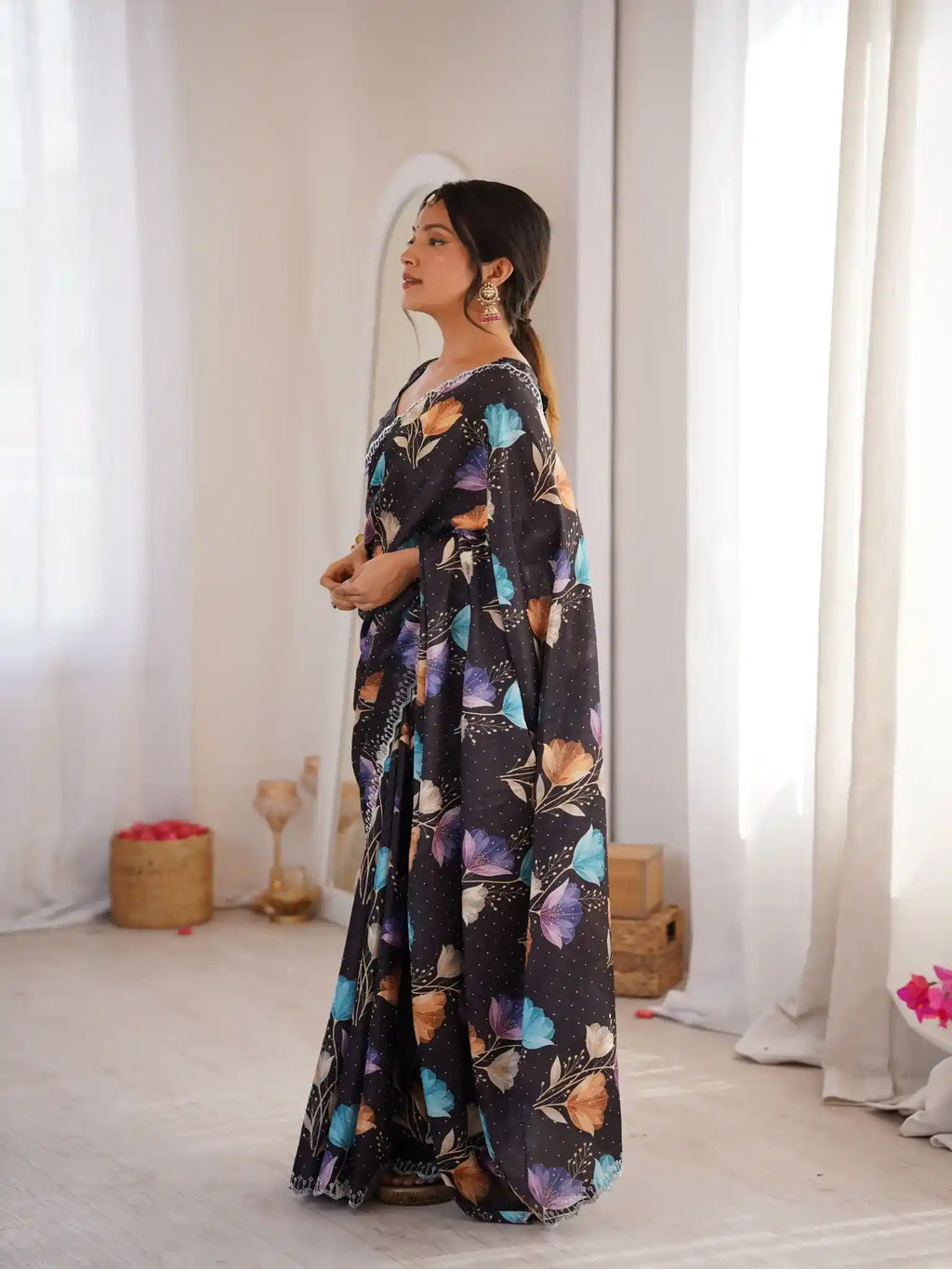 Black Pure Chinon Digital Printed Swarovski Work Saree - View 2