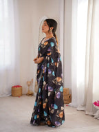 Black Pure Chinon Digital Printed Swarovski Work Saree - View 2