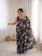 Black Pure Chinon Digital Printed Swarovski Work Saree - View 3