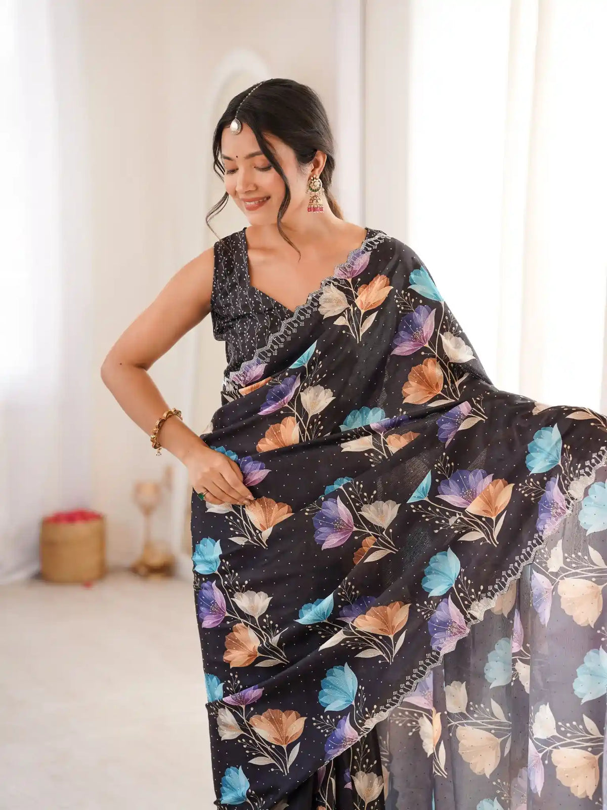 Black Pure Chinon Digital Printed Swarovski Work Saree - View 4
