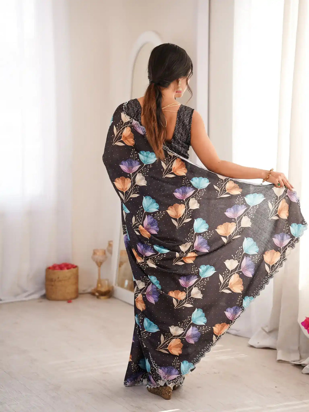 Black Pure Chinon Digital Printed Swarovski Work Saree - View 5