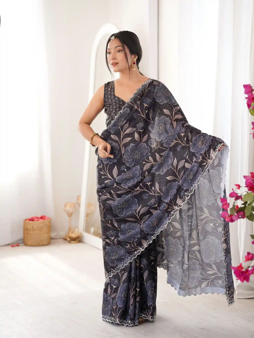 Black Pure Chinon Digital Printed Swarovski Work Saree - View 1