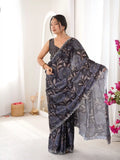 Black Pure Chinon Digital Printed Swarovski Work Saree