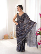 Black Pure Chinon Digital Printed Swarovski Work Saree - View 1