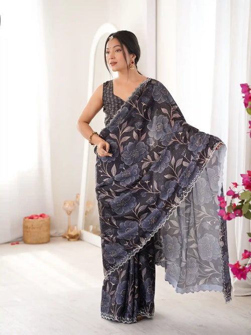 Black Pure Chinon Digital Printed Swarovski Work Saree - View 1