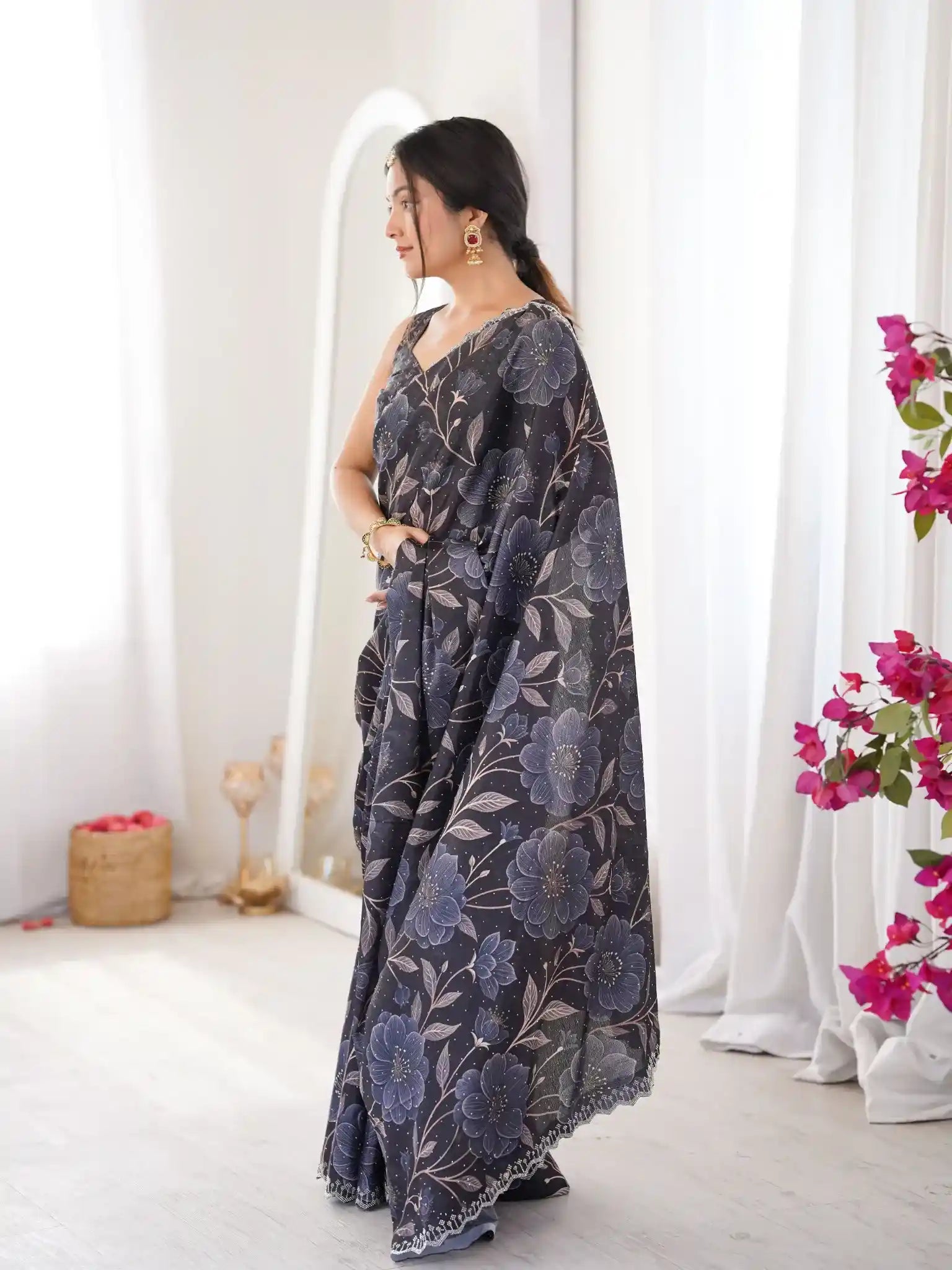 Black Pure Chinon Digital Printed Swarovski Work Saree - View 3