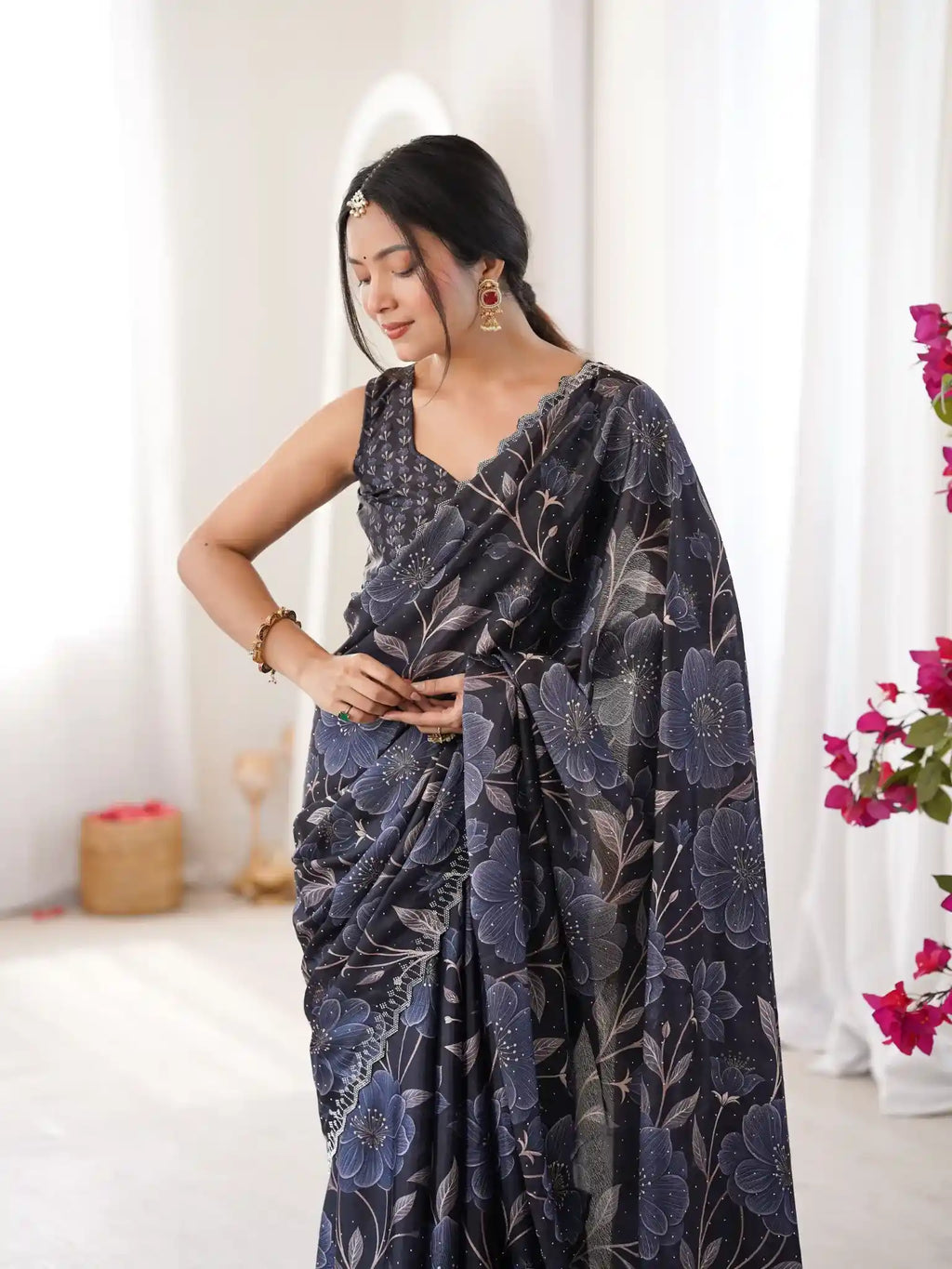 Black Pure Chinon Digital Printed Swarovski Work Saree - View 4