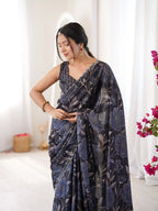 Black Pure Chinon Digital Printed Swarovski Work Saree - View 4