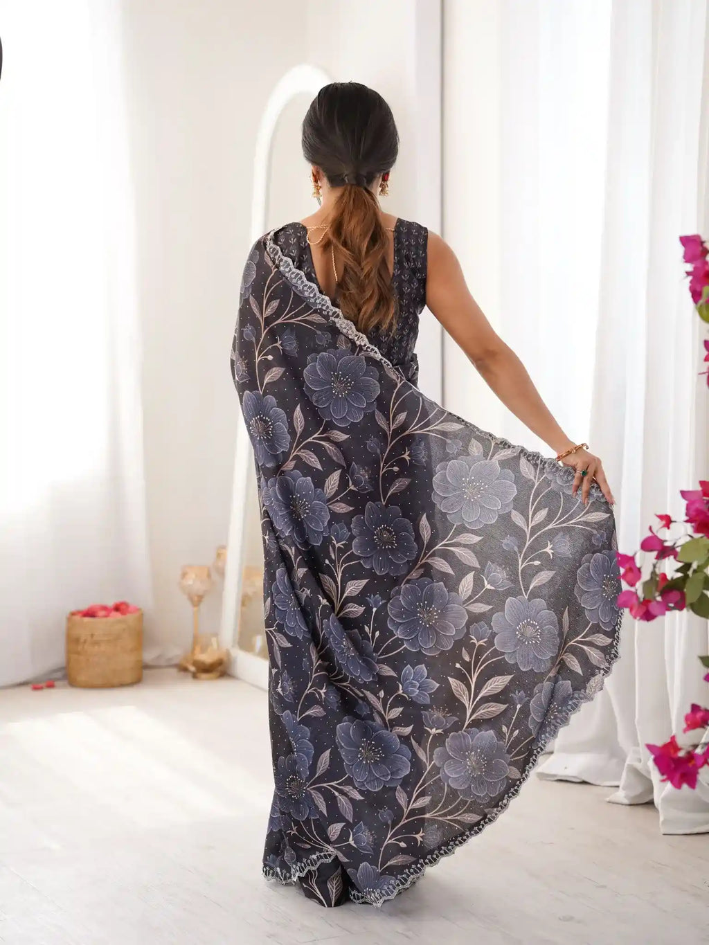 Black Pure Chinon Digital Printed Swarovski Work Saree - View 5