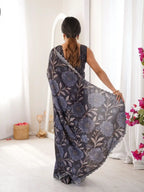 Black Pure Chinon Digital Printed Swarovski Work Saree - View 5