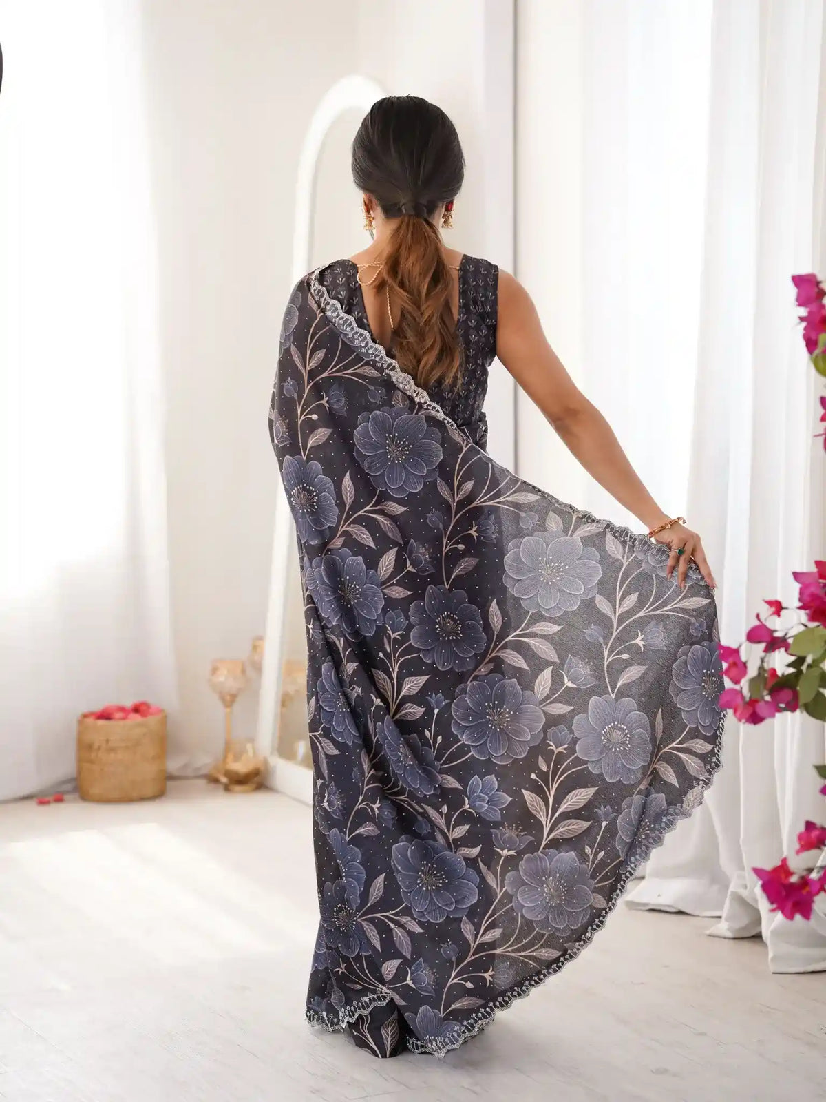 Black Pure Chinon Digital Printed Swarovski Work Saree - View 5