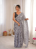 Grey Pure Chinon Digital Printed Swarovski Work Saree
