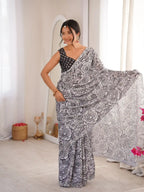 Grey Pure Chinon Digital Printed Swarovski Work Saree - View 3