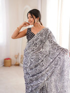 Grey Pure Chinon Digital Printed Swarovski Work Saree - View 4