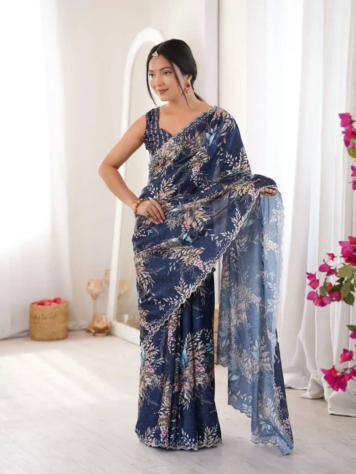 Blue Pure Chinon Digital Printed Swarovski Work Saree - View 1