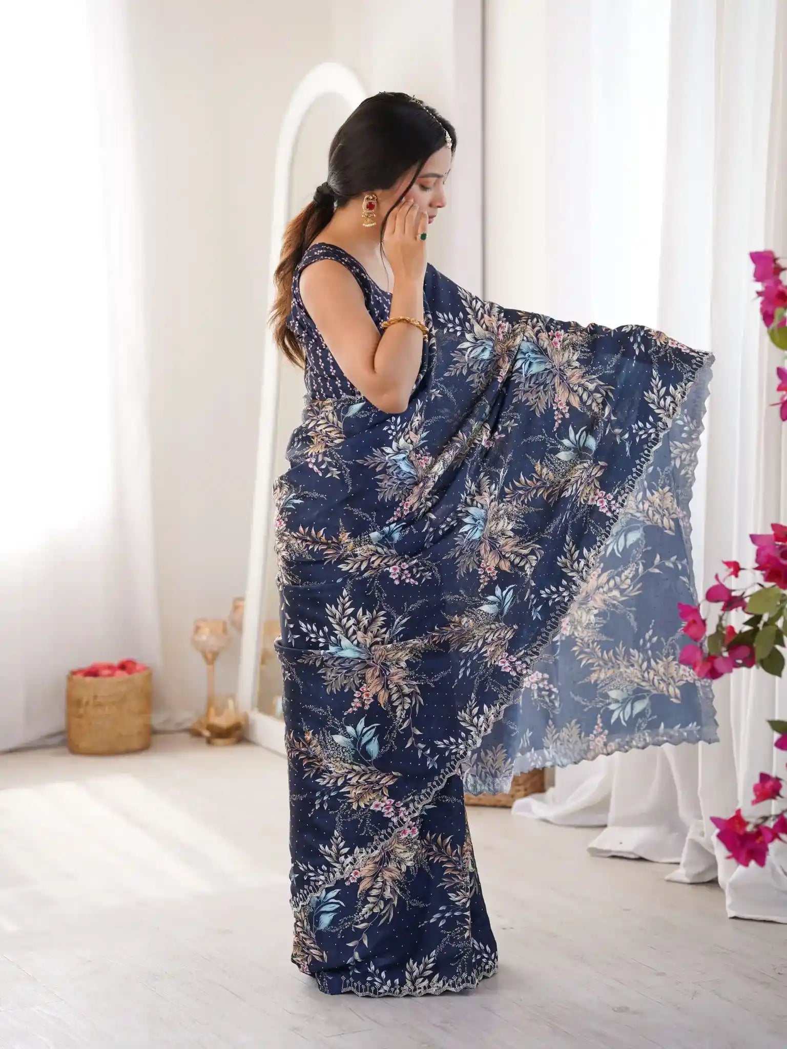 Blue Pure Chinon Digital Printed Swarovski Work Saree - View 2
