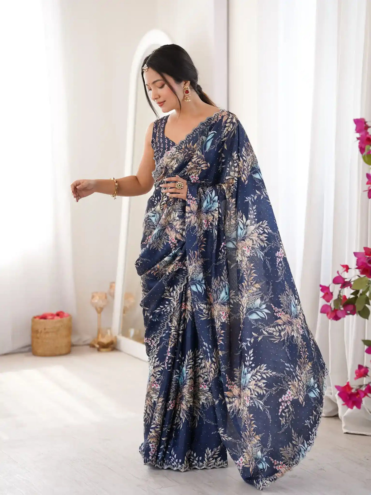 Blue Pure Chinon Digital Printed Swarovski Work Saree - View 3
