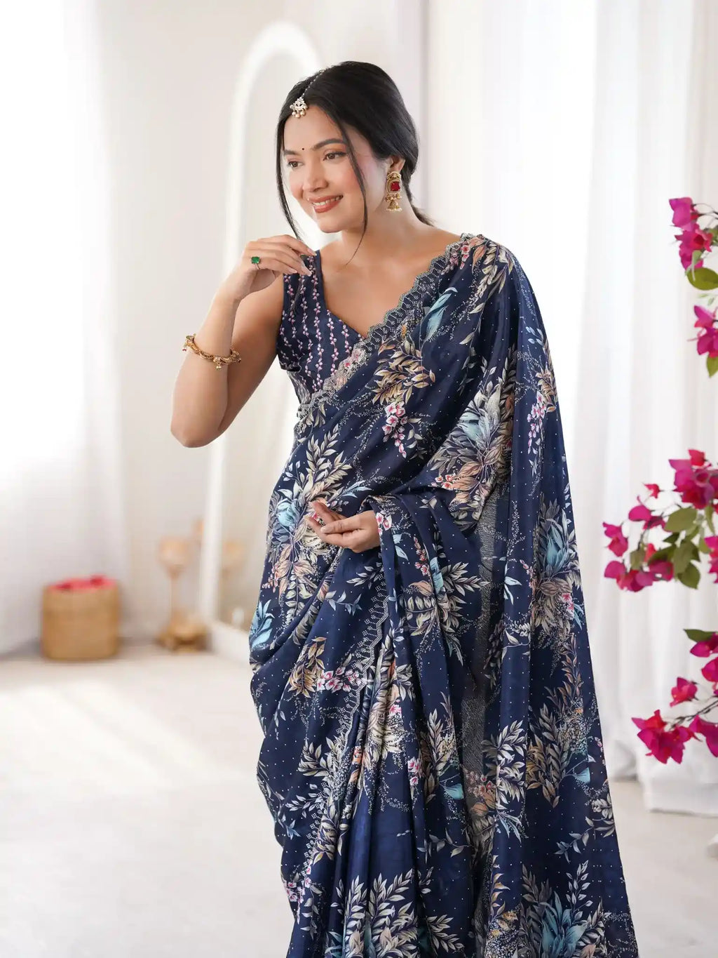 Blue Pure Chinon Digital Printed Swarovski Work Saree - View 4
