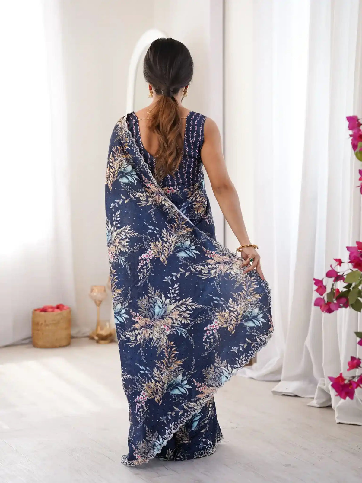 Blue Pure Chinon Digital Printed Swarovski Work Saree - View 5