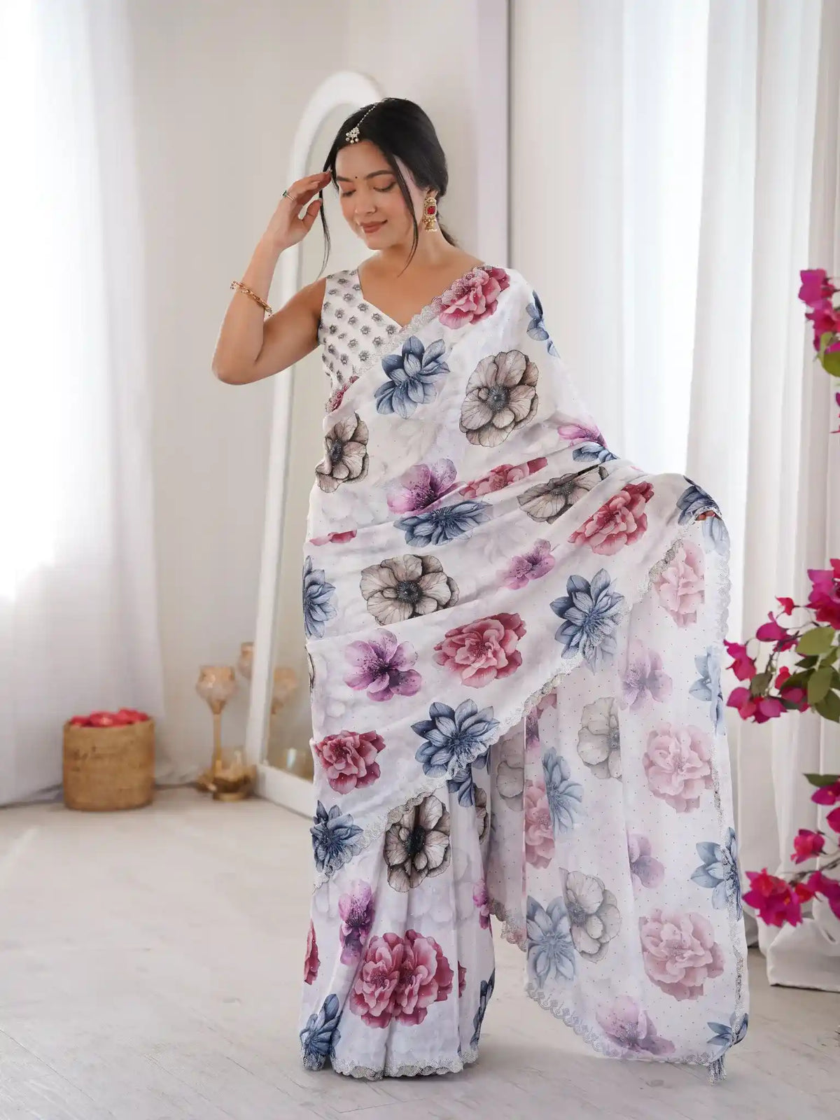 White Pure Chinon Digital Printed Swarovski Work Saree - View 1