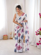 White Pure Chinon Digital Printed Swarovski Work Saree - View 3