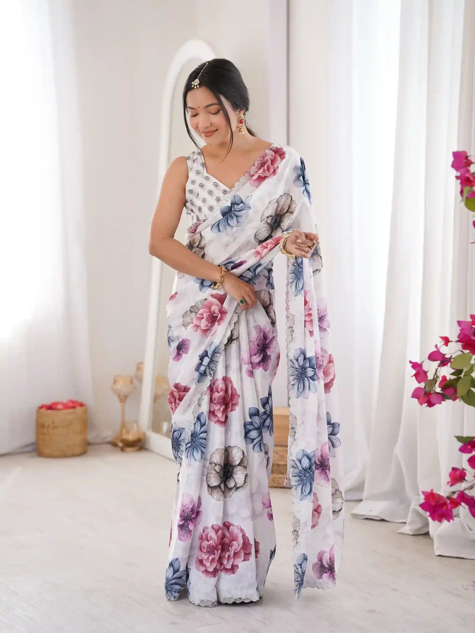 White Pure Chinon Digital Printed Swarovski Work Saree - View 3
