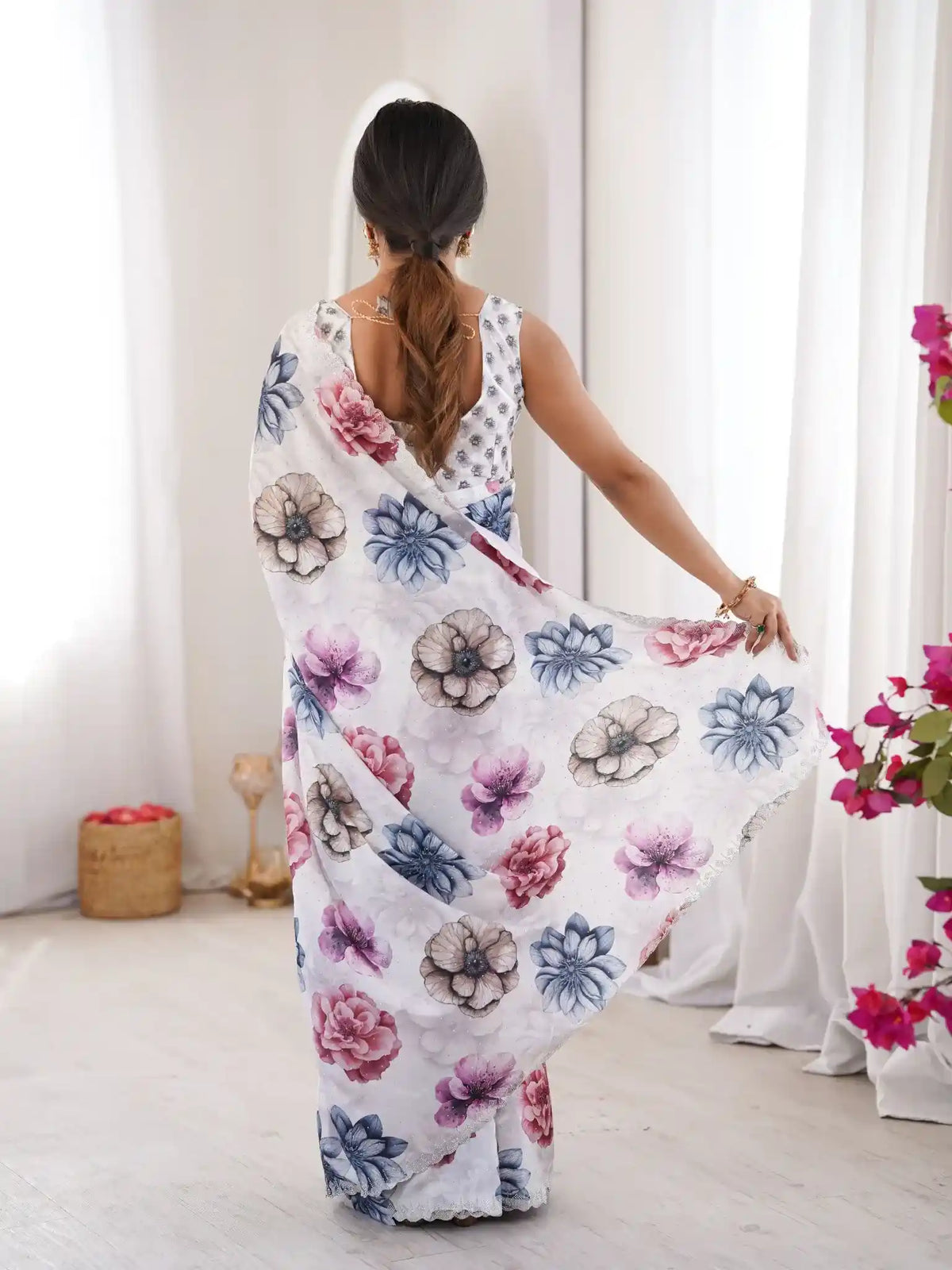 White Pure Chinon Digital Printed Swarovski Work Saree - View 5