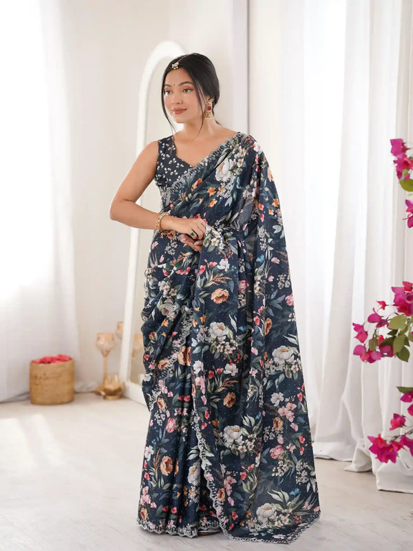 Teal Pure Chinon Digital Printed Swarovski Work Saree - View 1