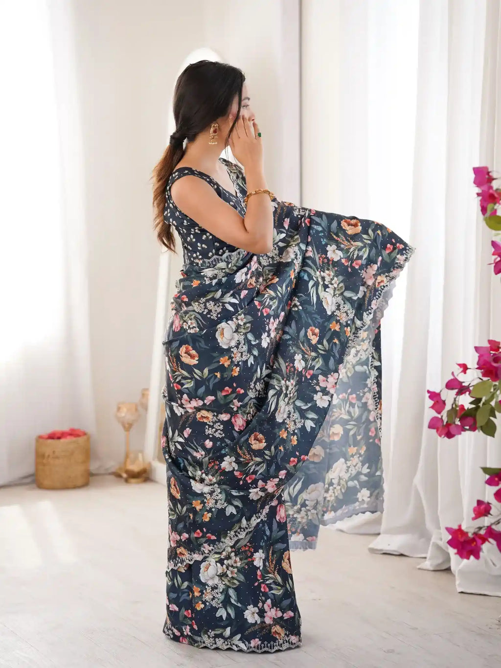 Teal Pure Chinon Digital Printed Swarovski Work Saree - View 2