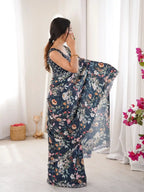 Teal Pure Chinon Digital Printed Swarovski Work Saree - View 2