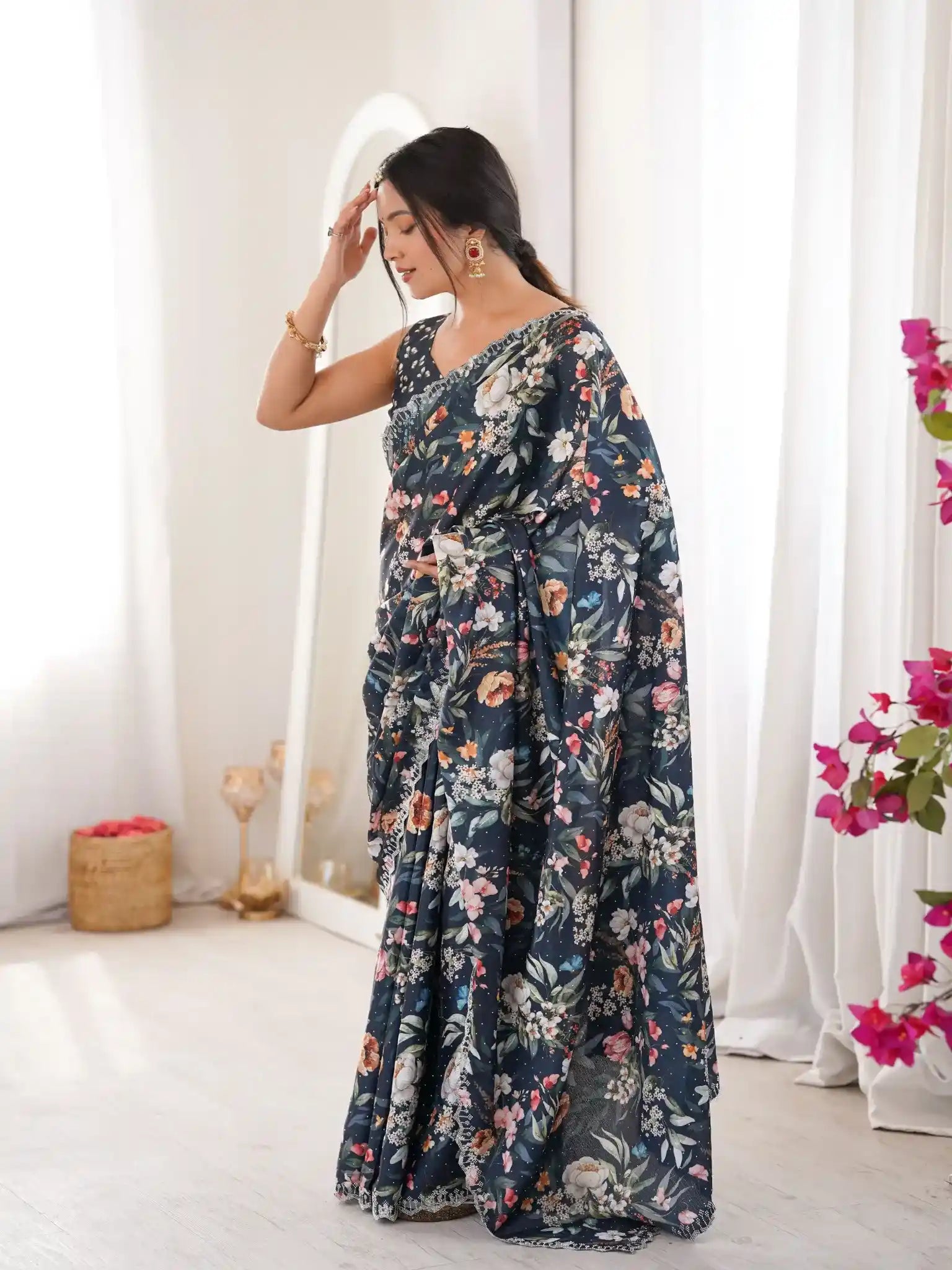 Teal Pure Chinon Digital Printed Swarovski Work Saree - View 3