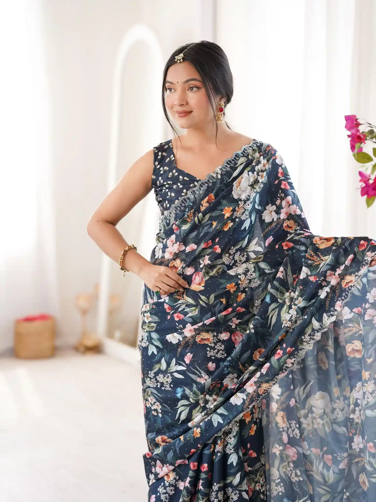 Teal Pure Chinon Digital Printed Swarovski Work Saree - View 4
