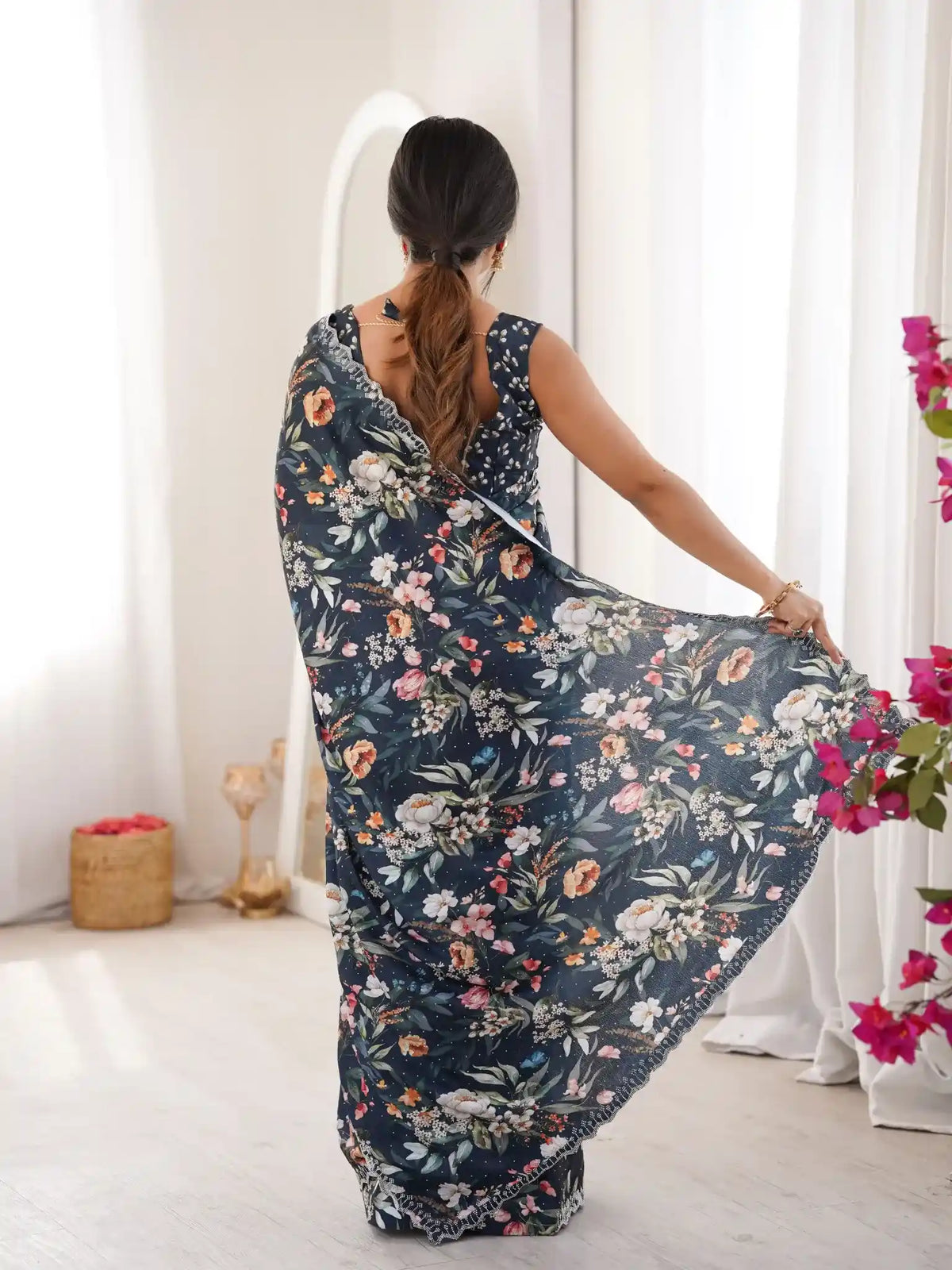 Teal Pure Chinon Digital Printed Swarovski Work Saree - View 5