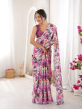 Purple Pure Chinon Digital Printed Swarovski Work Saree