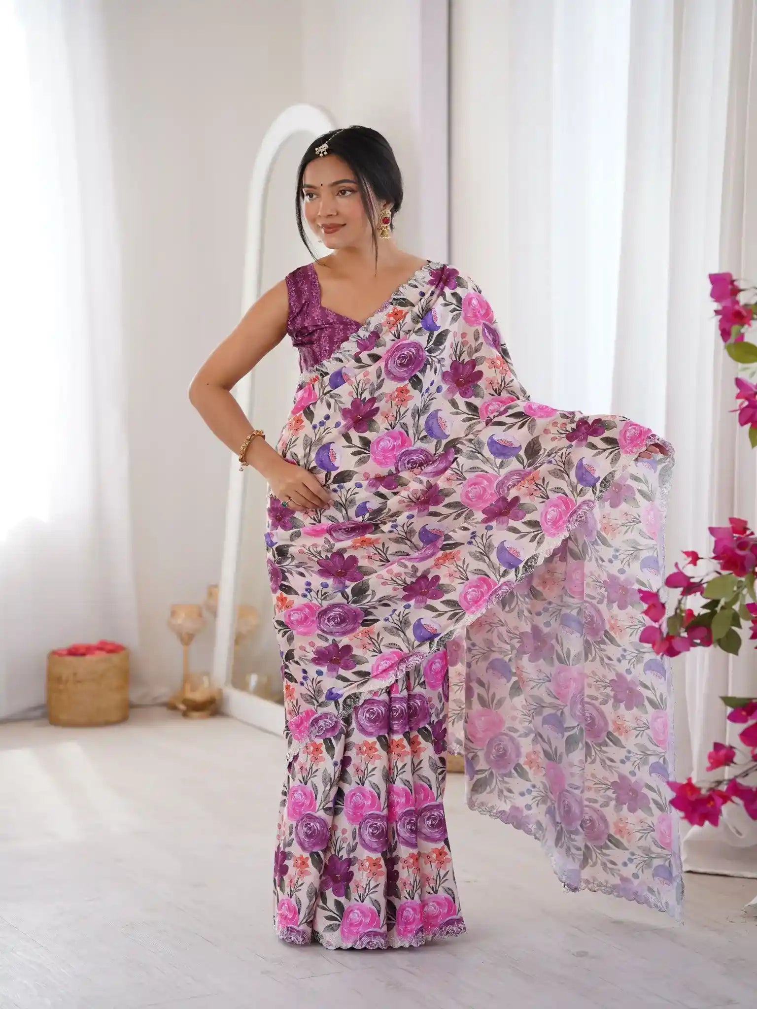 Purple Pure Chinon Digital Printed Swarovski Work Saree - View 2